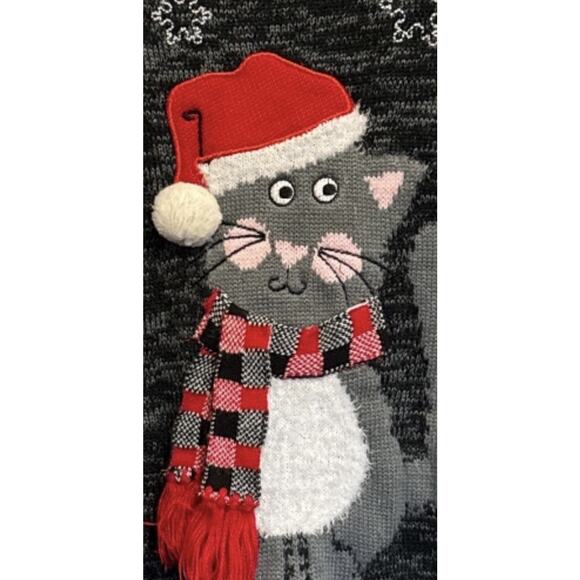 No Boundaries Christmas Sweater Cat Santa Hat Snowflake Holiday Size L 15-17 - Picture 4 of 9